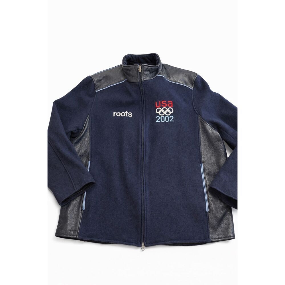 Vtg 2002 Team USA Olympics Roots Official Outfitter Leather Wool Jacket Large